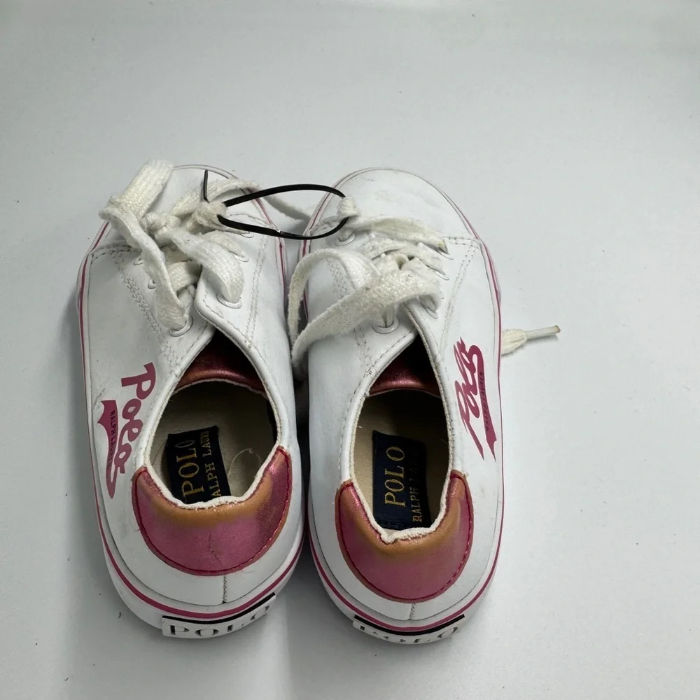 Polo by Ralph Lauren Toddler Girl Size 10 Kids White Sneakers with Pink Accents - Picture 5 of 11